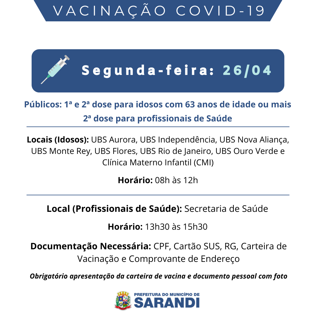 Cronograma de Vacinação contra Covid-19 - Segunda-feira - 26/04/2021